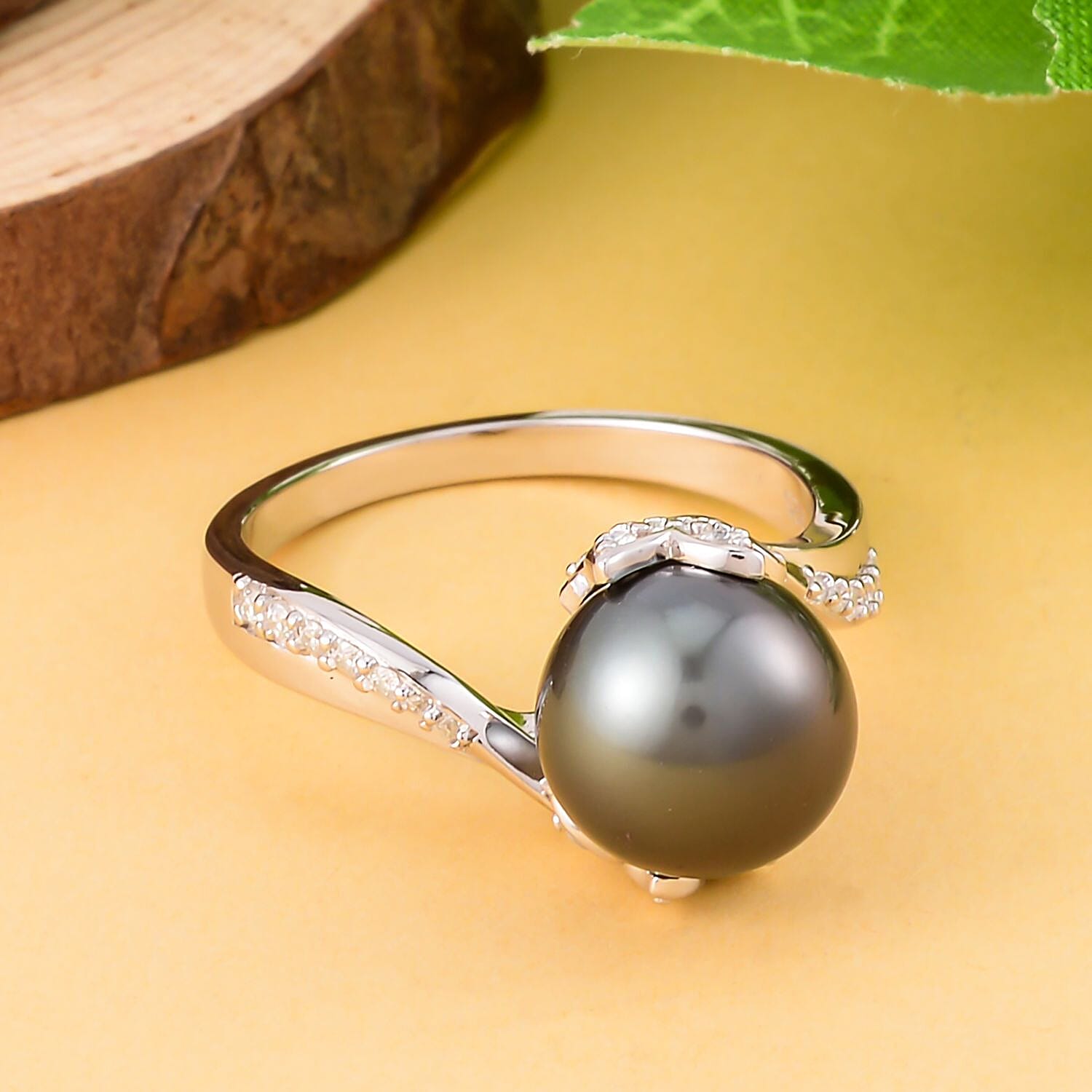 Tahitian Cultured Pearl and Moissanite Ring in Rhodium Over Sterling Silver (Size 10.0) 0.30 ctw