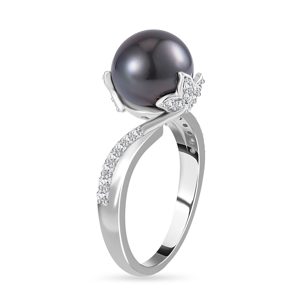 Tahitian Cultured Pearl and Moissanite Ring in Rhodium Over Sterling Silver (Size 10.0) 0.30 ctw