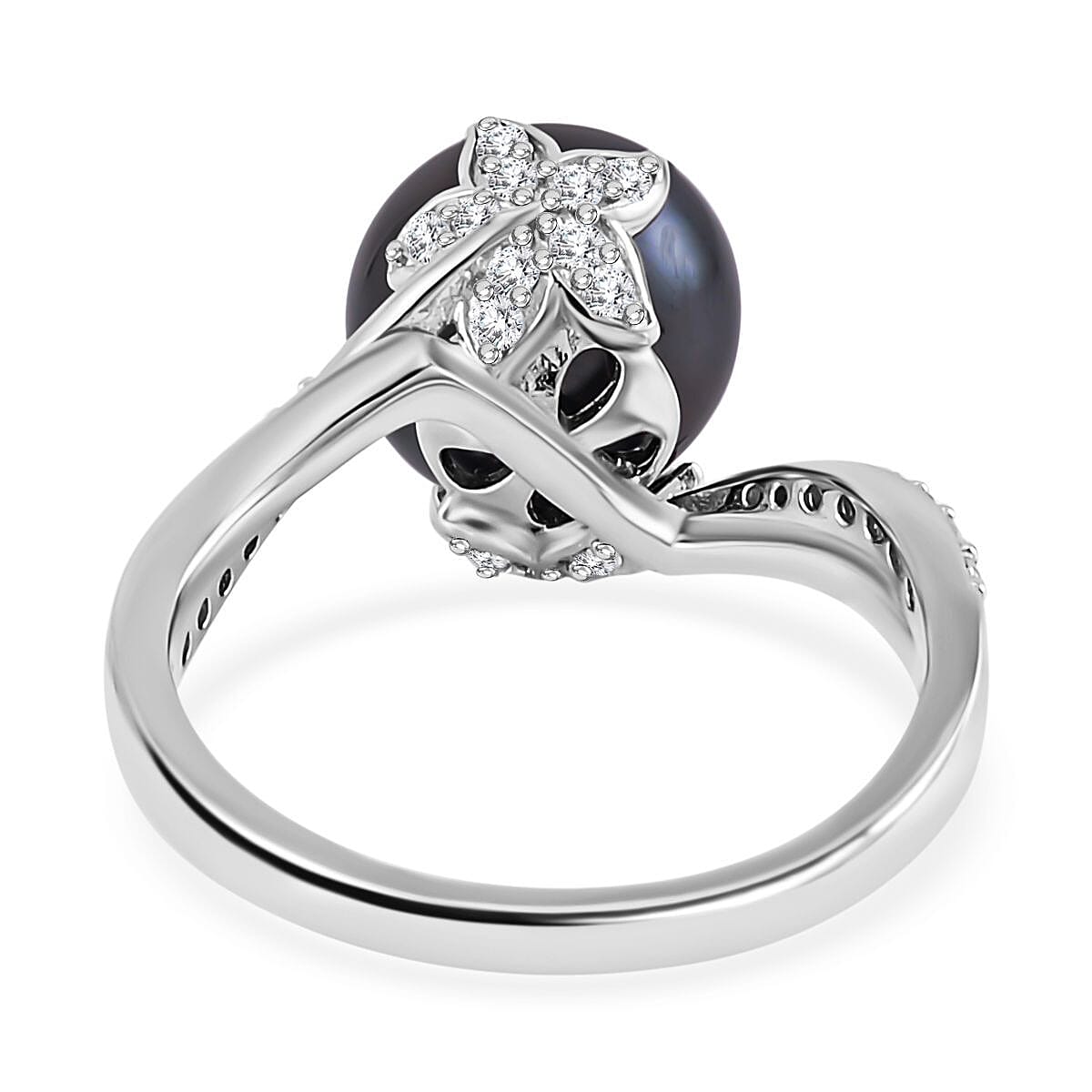 Tahitian Cultured Pearl and Moissanite Ring in Rhodium Over Sterling Silver (Size 10.0) 0.30 ctw