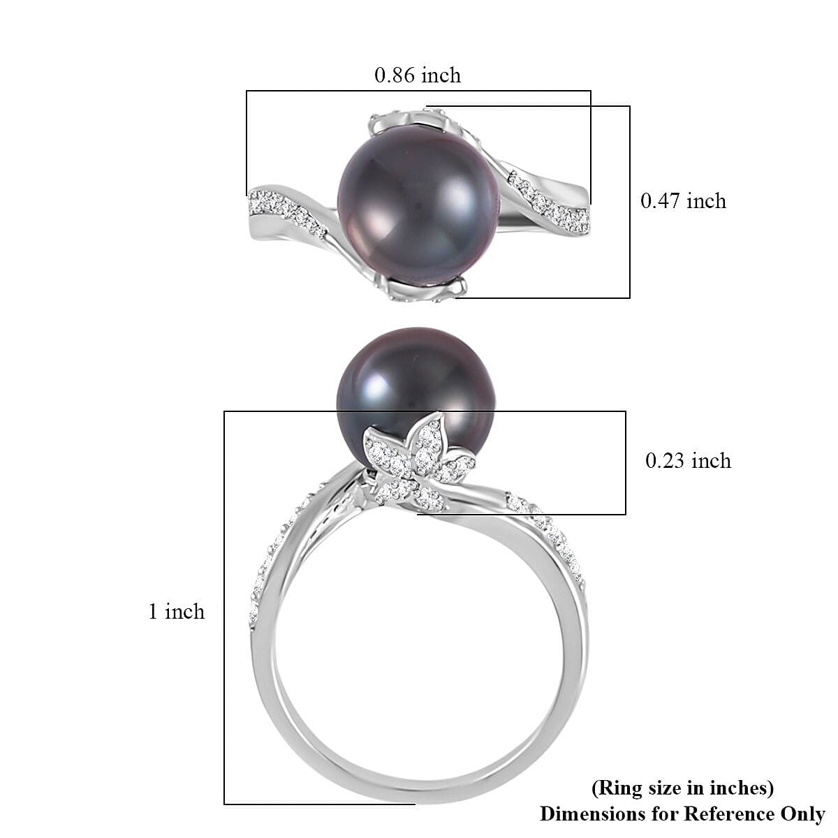 Tahitian Cultured Pearl and Moissanite Ring in Rhodium Over Sterling Silver (Size 10.0) 0.30 ctw