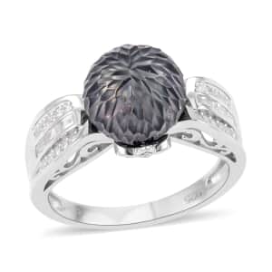 Tahitian Cultured Carved Pearl and White Zircon Ring in Rhodium Over Sterling Silver (Size 10.0) 0.75 ctw