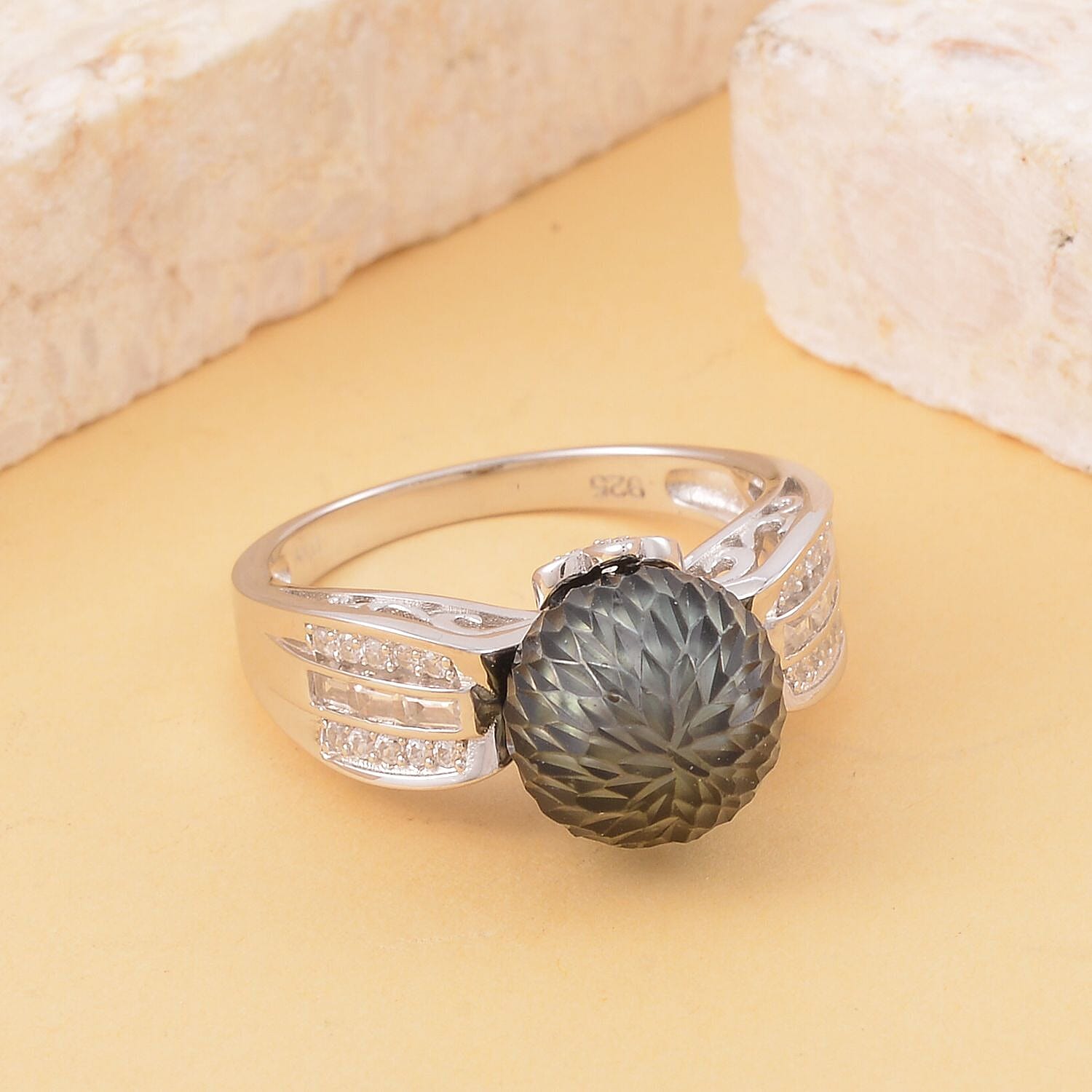 Tahitian Cultured Carved Pearl and White Zircon Ring in Rhodium Over Sterling Silver (Size 10.0) 0.75 ctw
