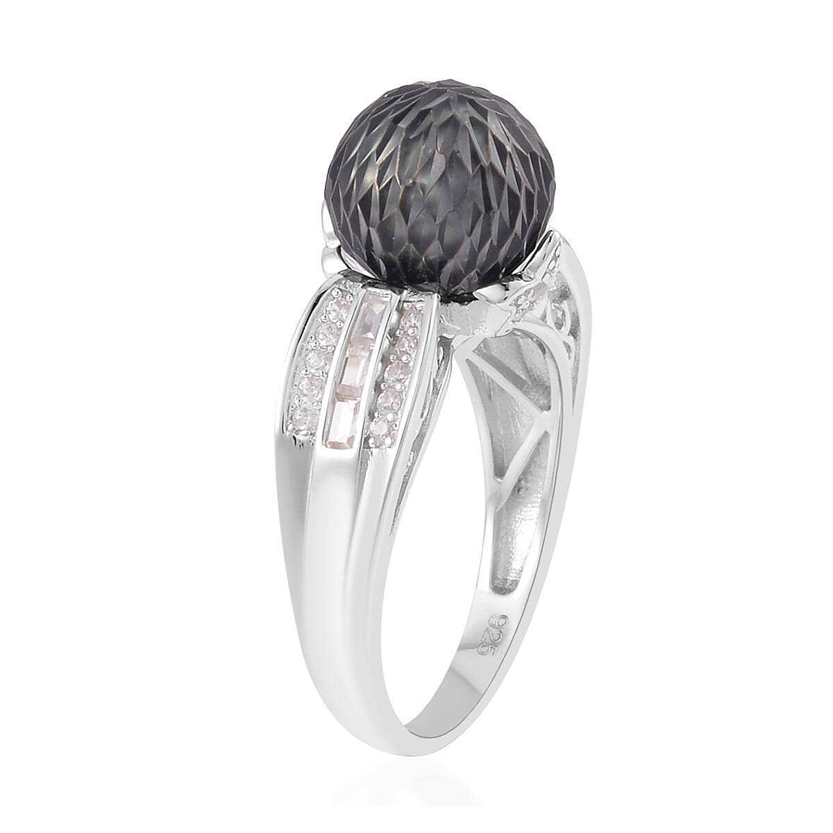 Tahitian Cultured Carved Pearl and White Zircon Ring in Rhodium Over Sterling Silver (Size 10.0) 0.75 ctw
