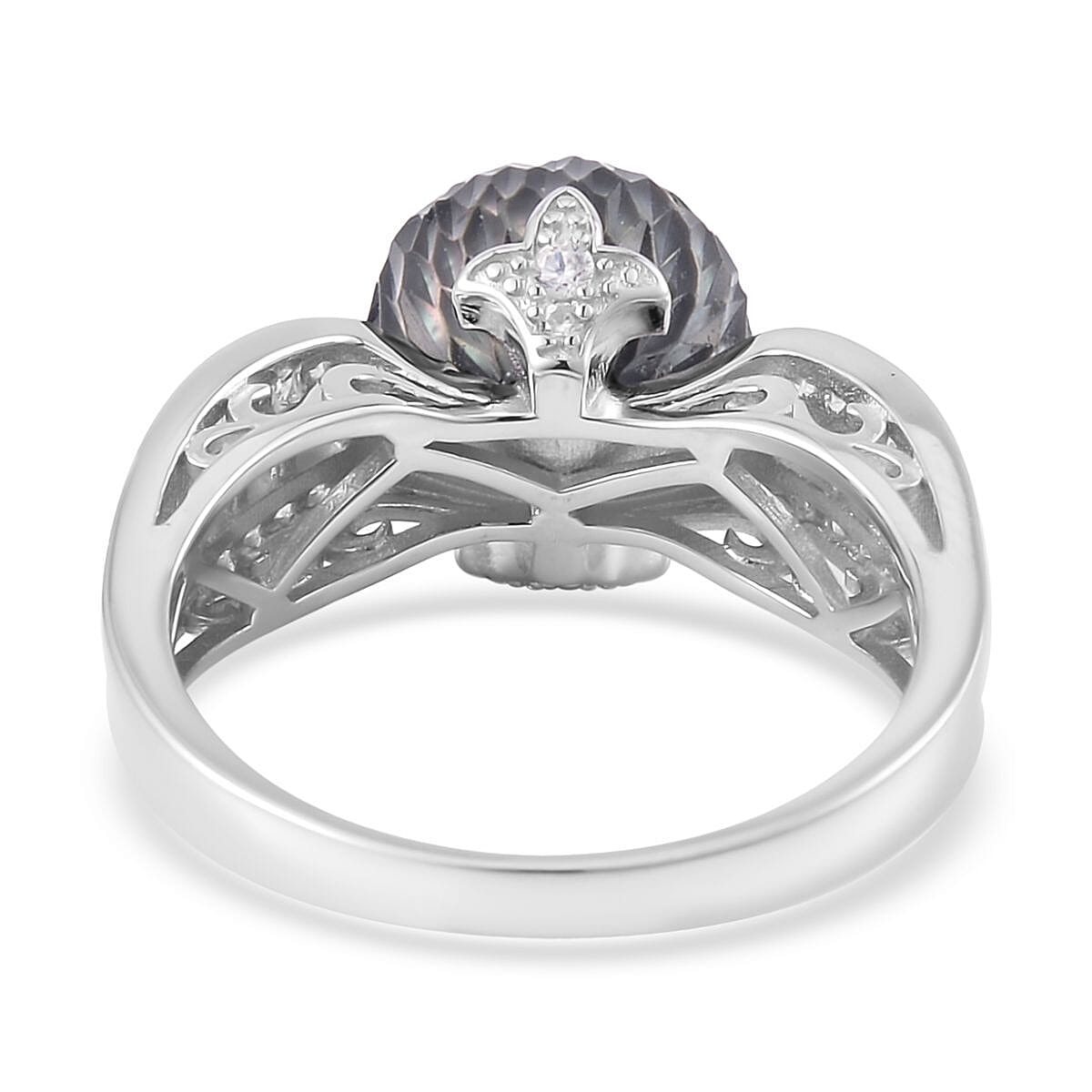 Tahitian Cultured Carved Pearl and White Zircon Ring in Rhodium Over Sterling Silver (Size 10.0) 0.75 ctw