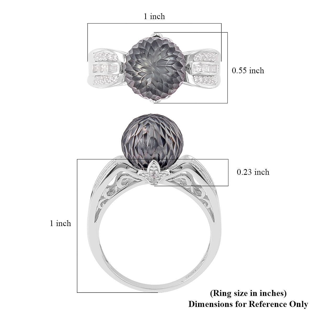 Tahitian Cultured Carved Pearl and White Zircon Ring in Rhodium Over Sterling Silver (Size 10.0) 0.75 ctw