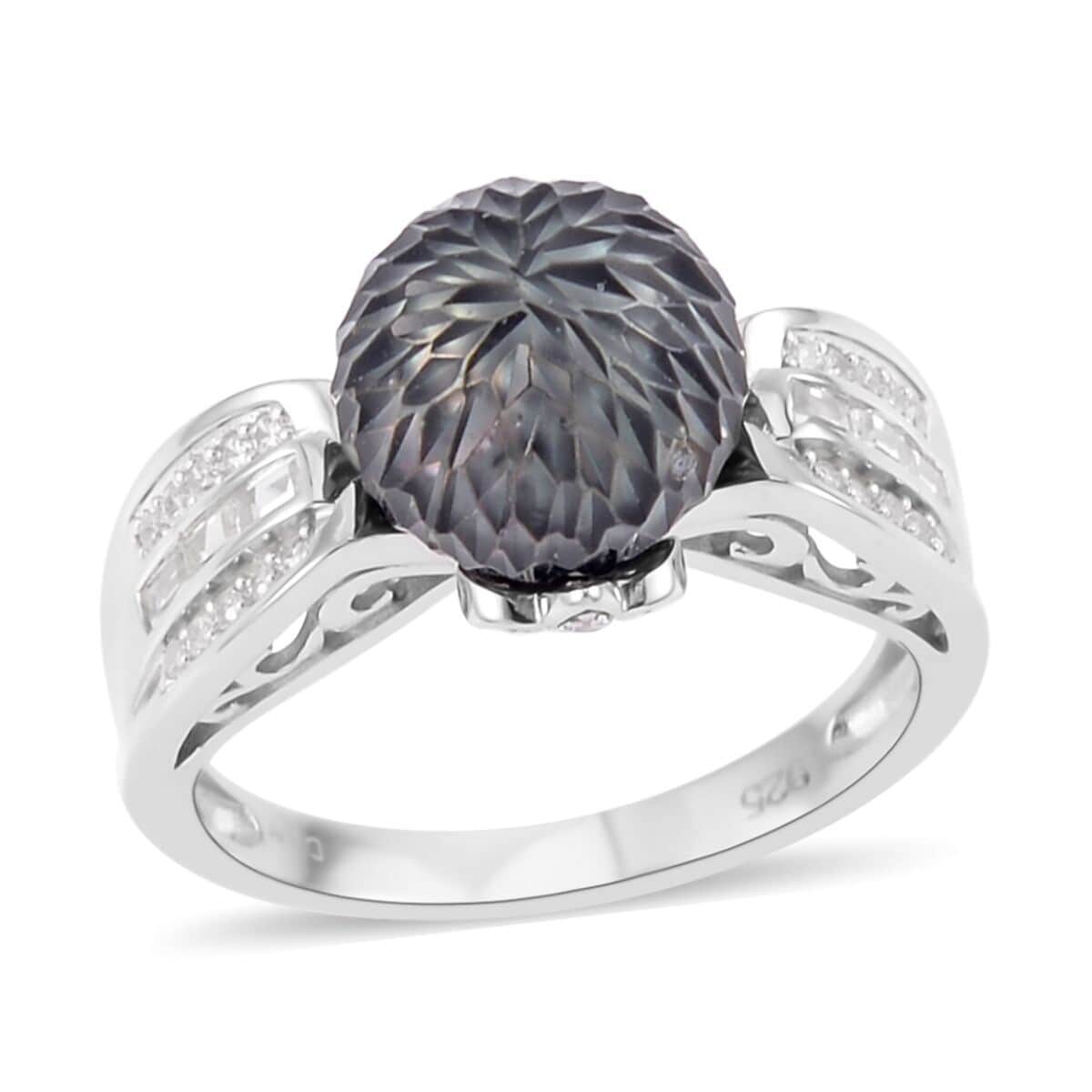 Tahitian Cultured Carved Pearl and White Zircon Ring in Rhodium Over Sterling Silver (Size 11.0) 0.75 ctw image number 0