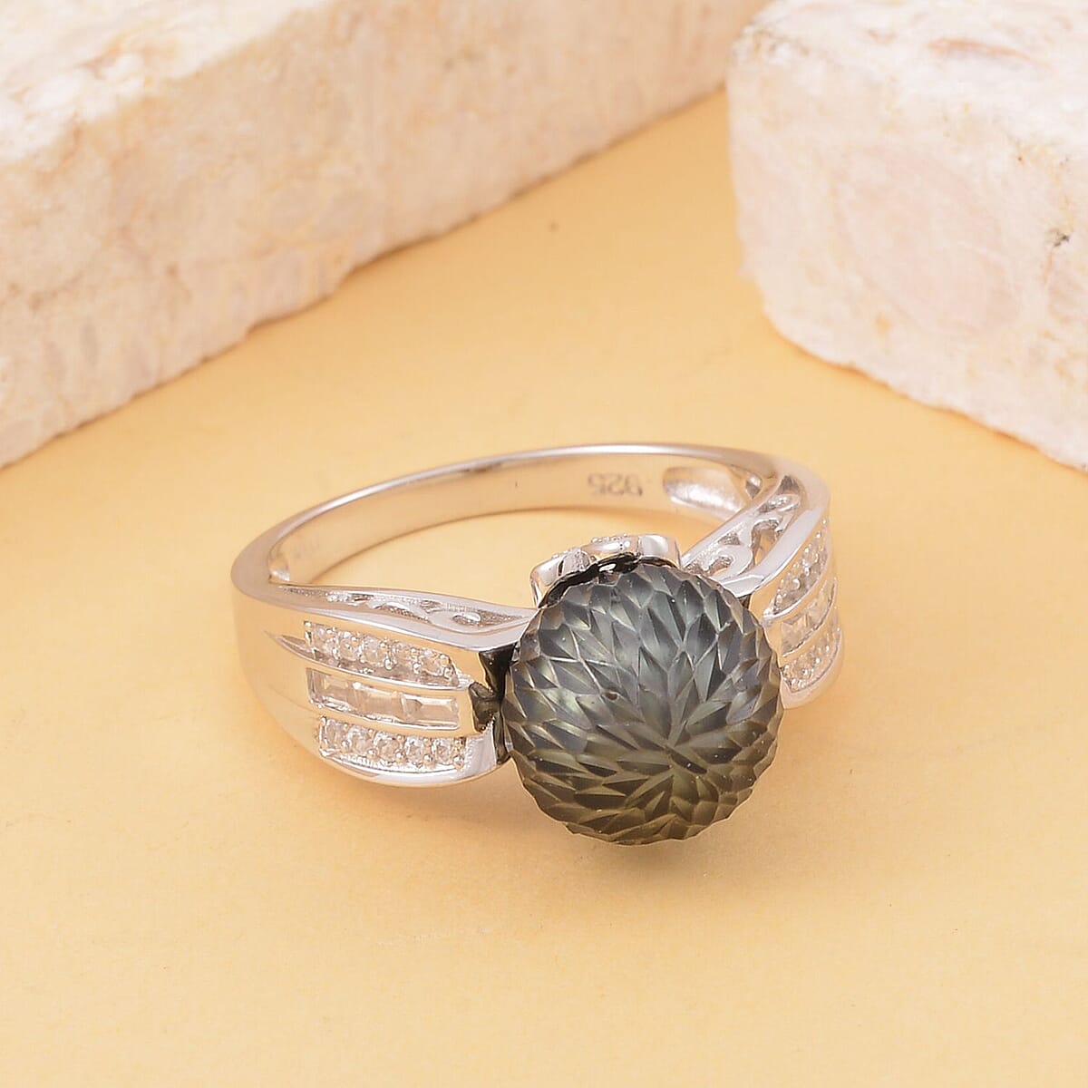 Tahitian Cultured Carved Pearl and White Zircon Ring in Rhodium Over Sterling Silver (Size 6.0) 0.75 ctw image number 1