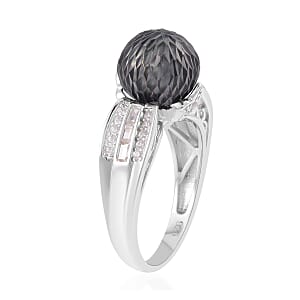 Tahitian Cultured Carved Pearl and White Zircon Ring in Rhodium Over Sterling Silver (Size 6.0) 0.75 ctw