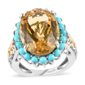Brazilian Citrine and Sleeping Beauty Turquoise Halo Ring in Vermeil Yellow Gold and Platinum Over Sterling Silver (Size 10.0) 13.40 ctw