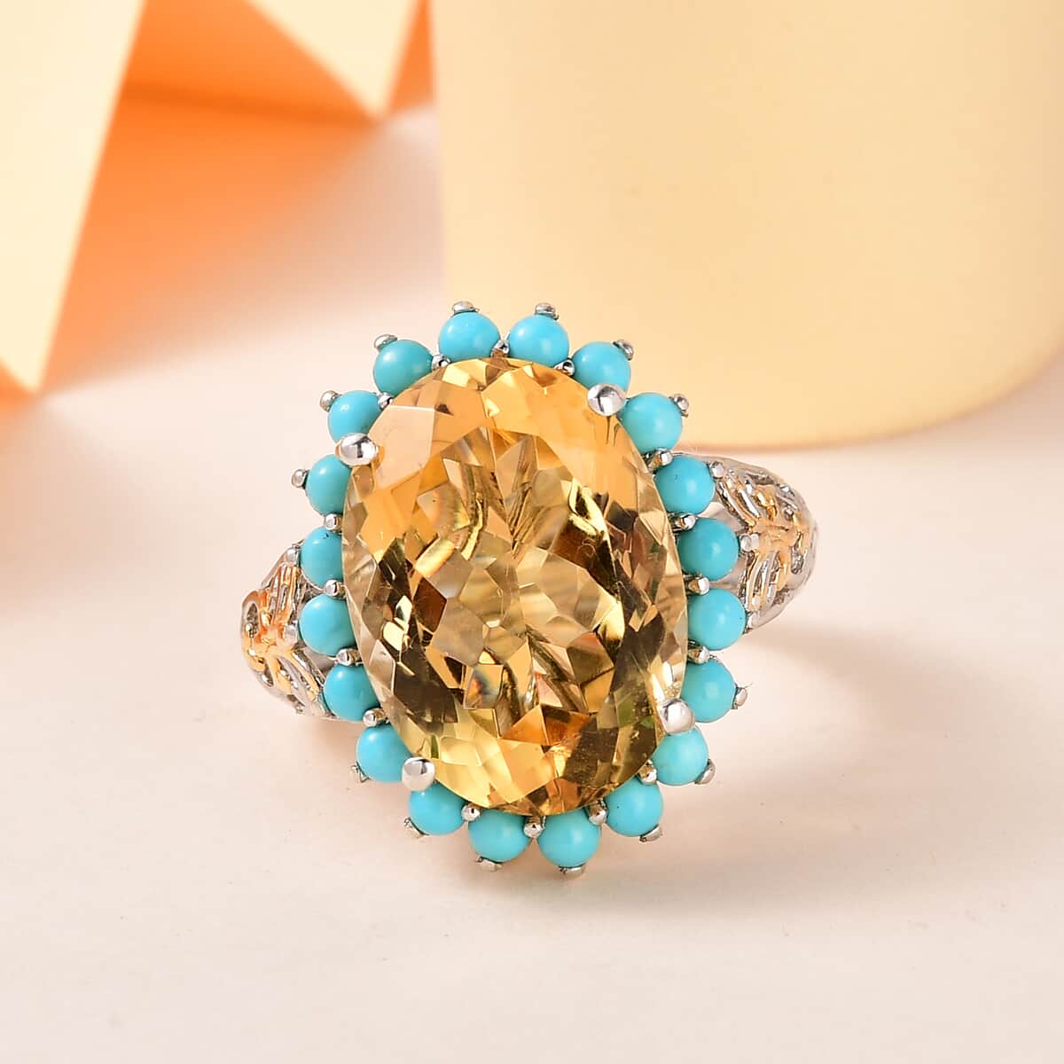 Brazilian Citrine and Sleeping Beauty Turquoise Halo Ring in Vermeil Yellow Gold and Platinum Over Sterling Silver (Size 10.0) 13.40 ctw image number 1