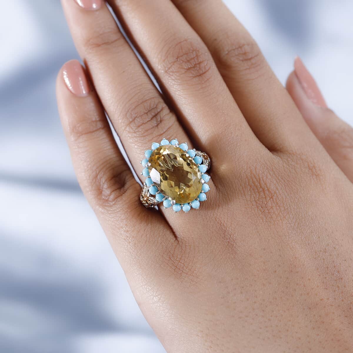 Brazilian Citrine and Sleeping Beauty Turquoise Halo Ring in Vermeil Yellow Gold and Platinum Over Sterling Silver (Size 10.0) 13.40 ctw image number 2