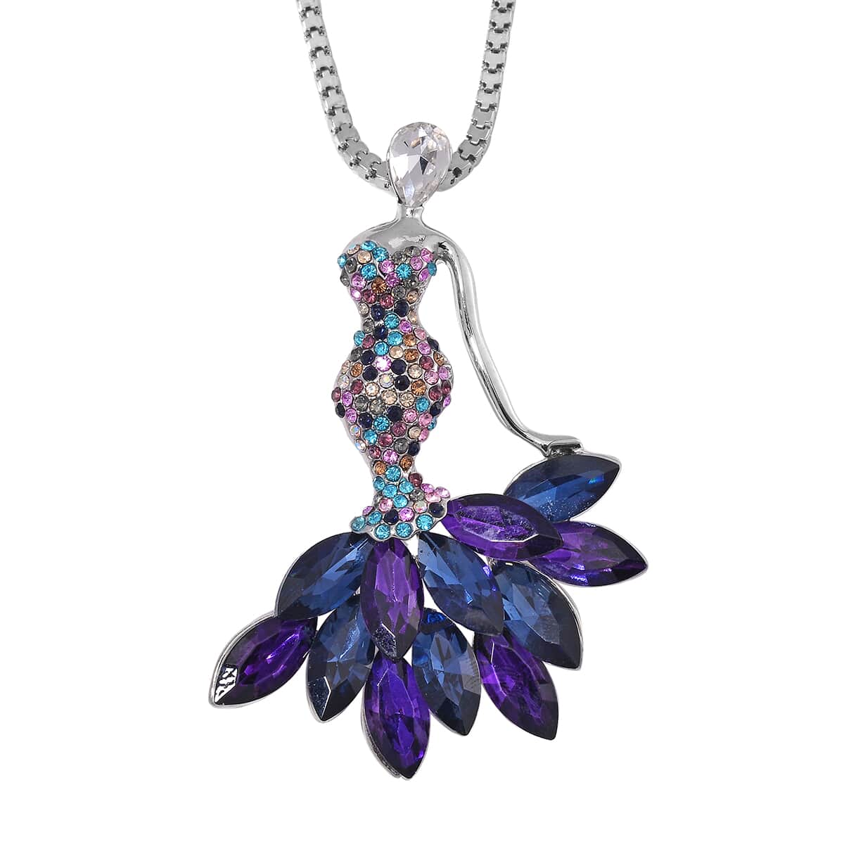 Blue Glass and Multi Color Austrian Crystal Fairy Pendant with Necklace in Silvertone 28 Inches image number 0