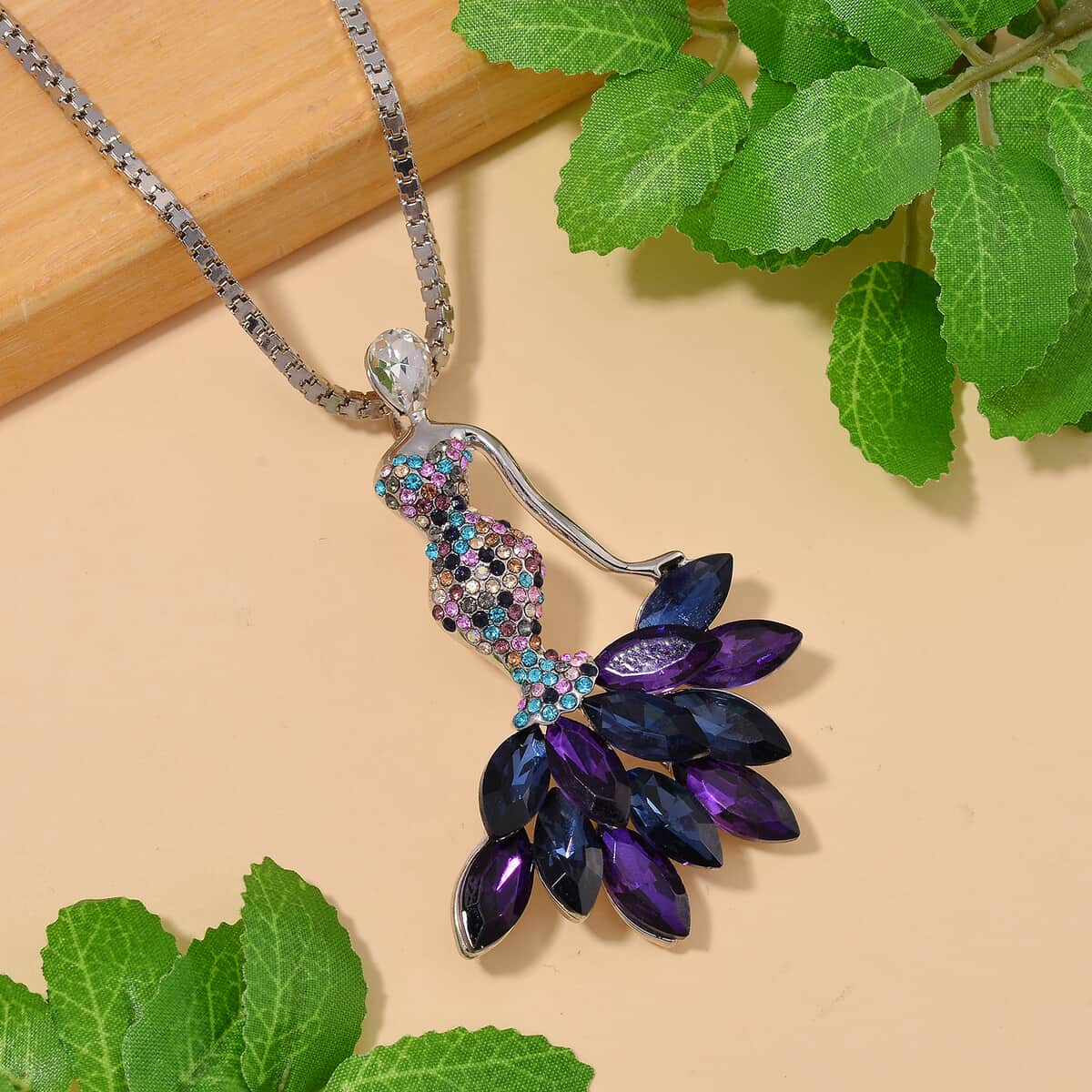 Blue Glass and Multi Color Austrian Crystal Fairy Pendant with Necklace in Silvertone 28 Inches image number 1