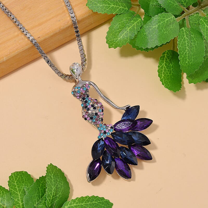 Blue Glass and Multi Color Austrian Crystal Fairy Pendant with Necklace in Silvertone 28 Inches