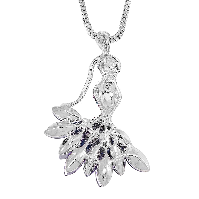 Blue Glass and Multi Color Austrian Crystal Fairy Pendant with Necklace in Silvertone 28 Inches