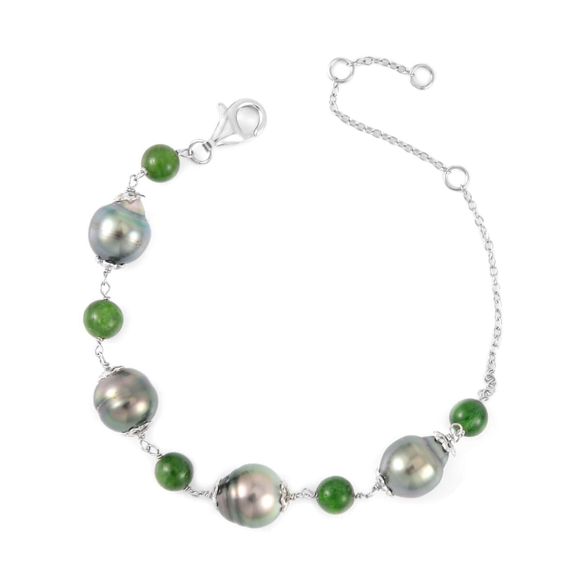 Tahitian Cultured Pearl and Chrome Diopside Bracelet in Rhodium Over Sterling Silver (6.50-8.0In) 7.80 ctw image number 0