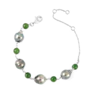 Tahitian Cultured Pearl and Chrome Diopside Bracelet in Rhodium Over Sterling Silver (6.50-8.0In) 7.80 ctw