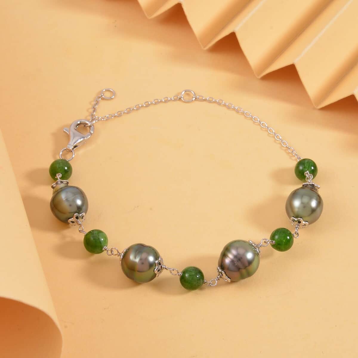 Tahitian Cultured Pearl and Chrome Diopside Bracelet in Rhodium Over Sterling Silver (6.50-8.0In) 7.80 ctw image number 1