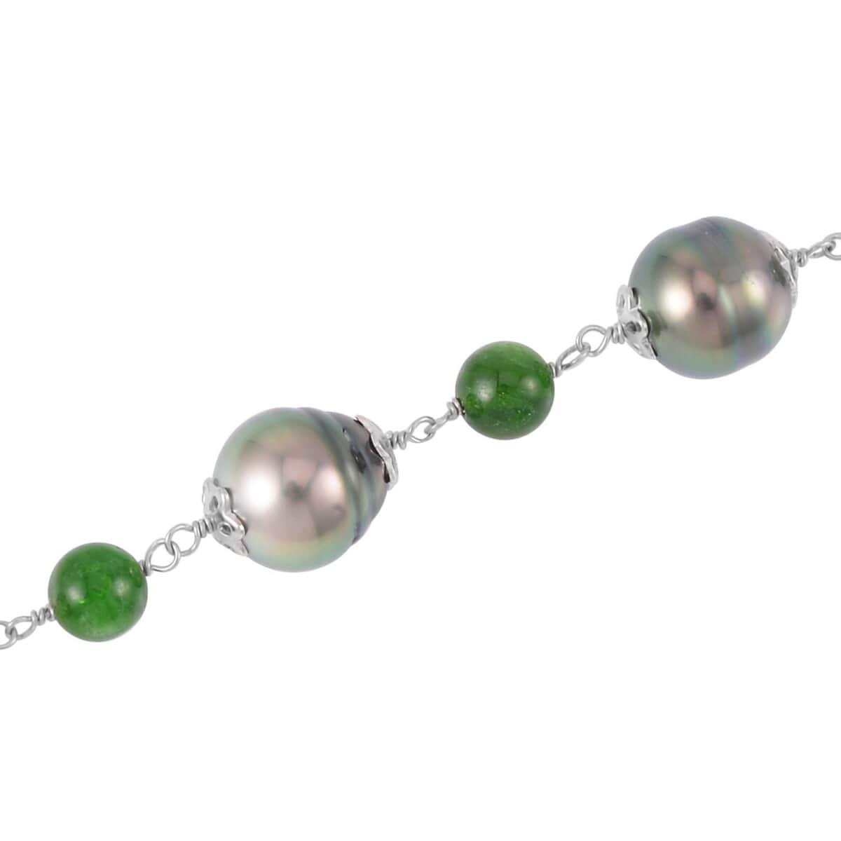 Tahitian Cultured Pearl and Chrome Diopside Bracelet in Rhodium Over Sterling Silver (6.50-8.0In) 7.80 ctw image number 2