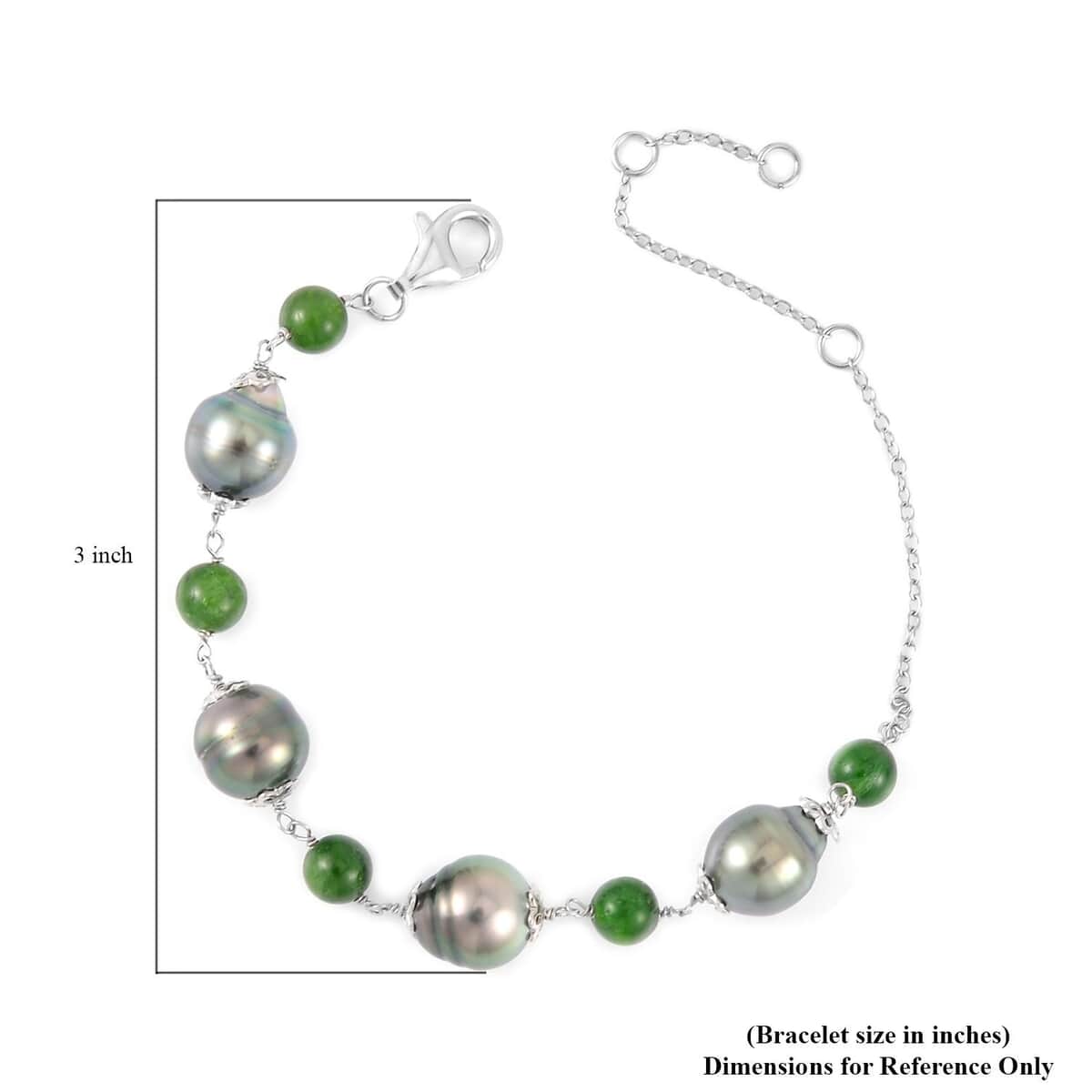 Tahitian Cultured Pearl and Chrome Diopside Bracelet in Rhodium Over Sterling Silver (6.50-8.0In) 7.80 ctw image number 3