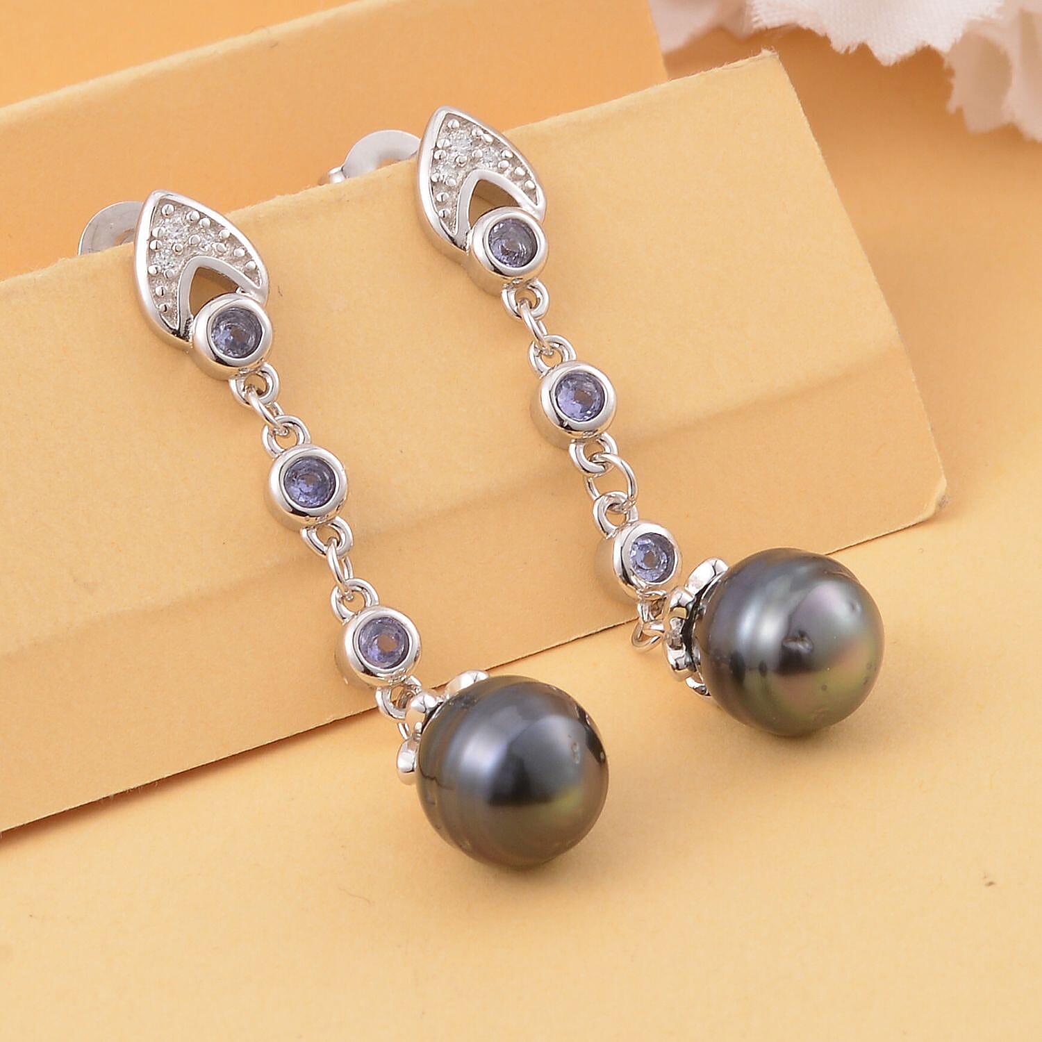 Tahitian Cultured Pearl and Multi Gemstone Dangle Earrings in Rhodium Over Sterling Silver 0.30 ctw