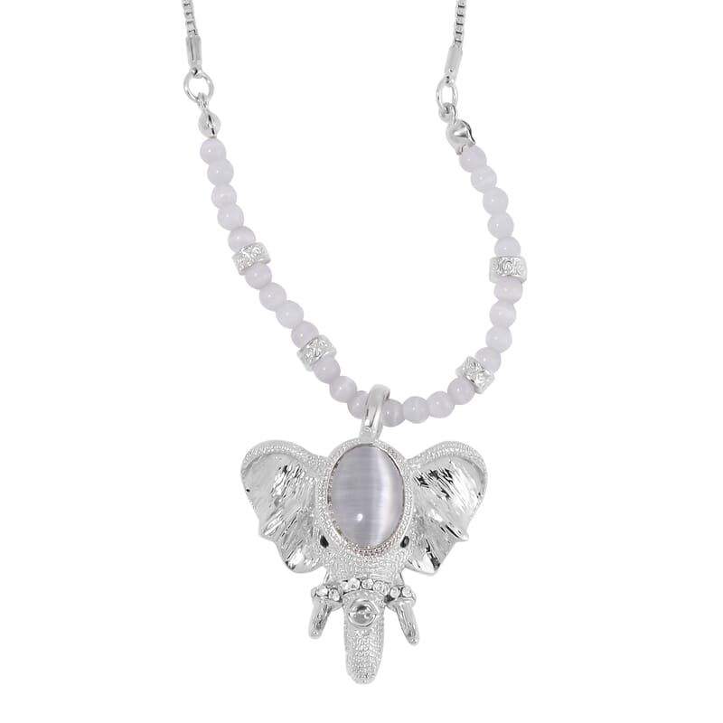 Lab Created White Cat's Eye and Austrian Crystal Elephant Pendant with Necklace in Silvertone 28-30 Inches