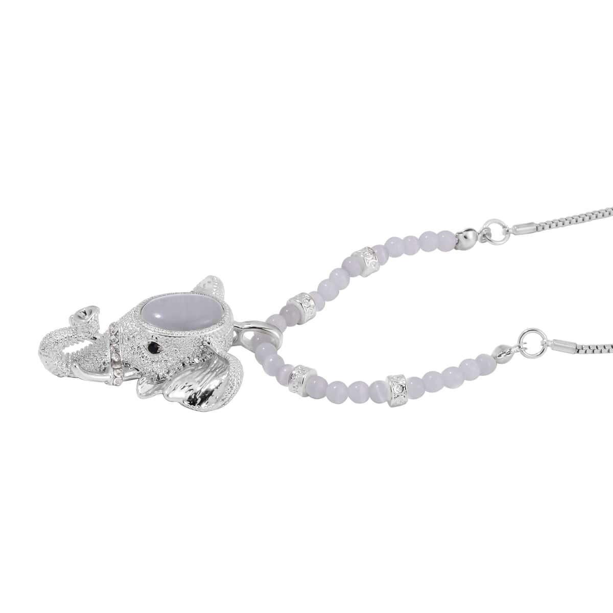 Lab Created White Cat's Eye and Austrian Crystal Elephant Pendant with Necklace in Silvertone 28-30 Inches image number 2