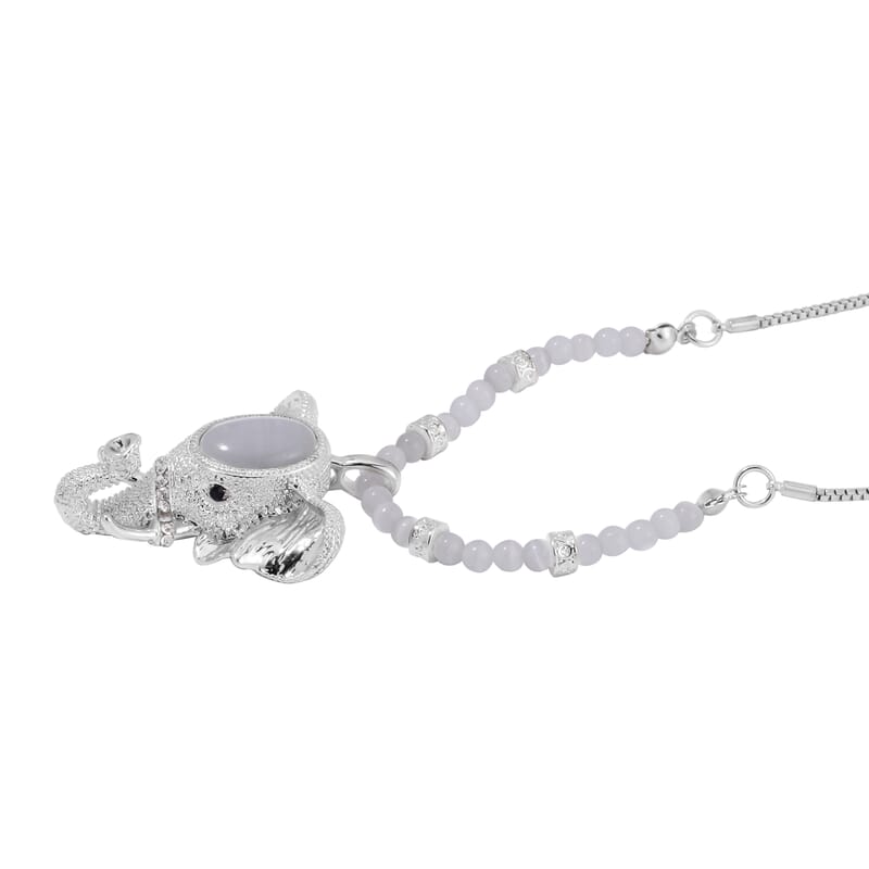 Lab Created White Cat's Eye and Austrian Crystal Elephant Pendant with Necklace in Silvertone 28-30 Inches