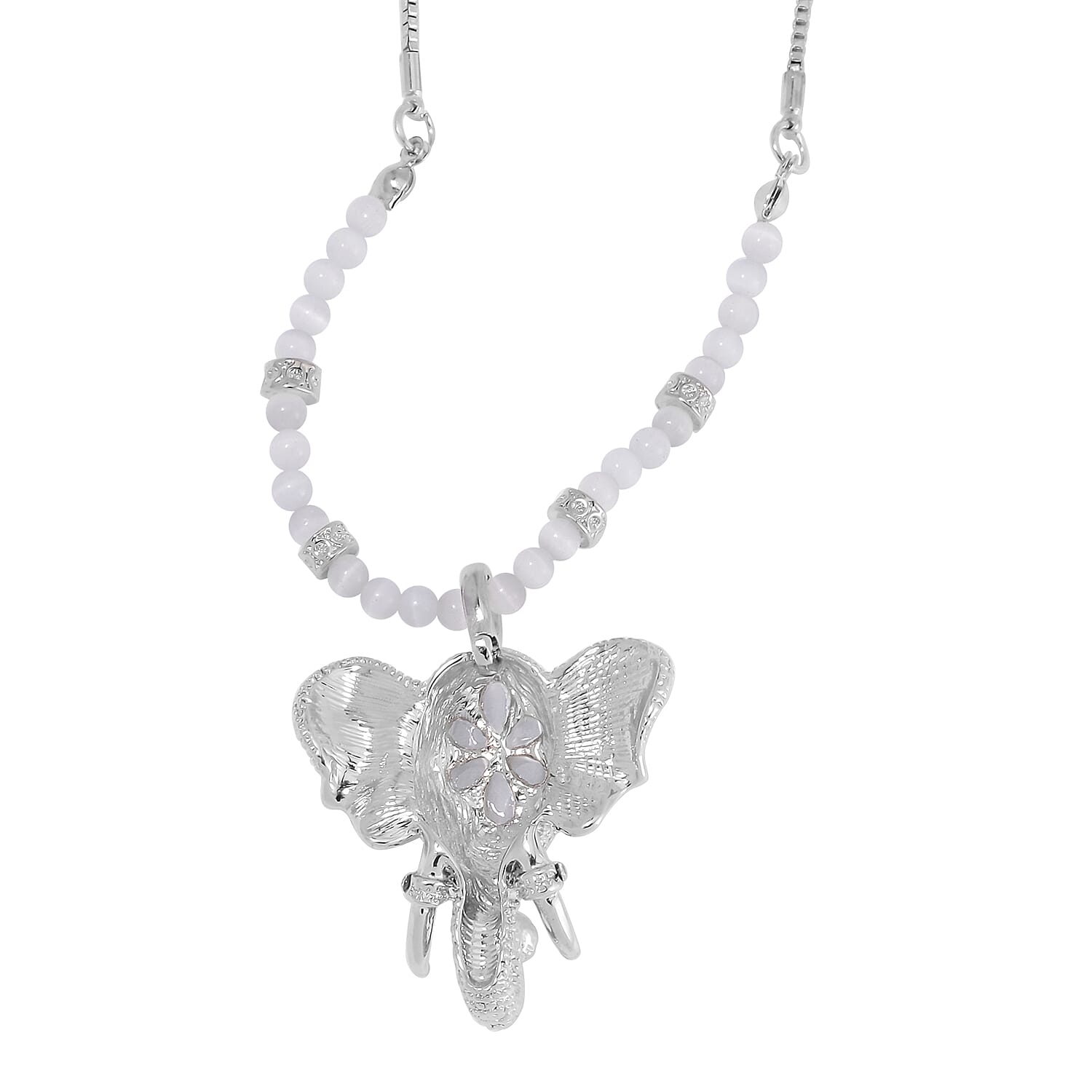 Lab Created White Cat's Eye and Austrian Crystal Elephant Pendant with Necklace in Silvertone 28-30 Inches