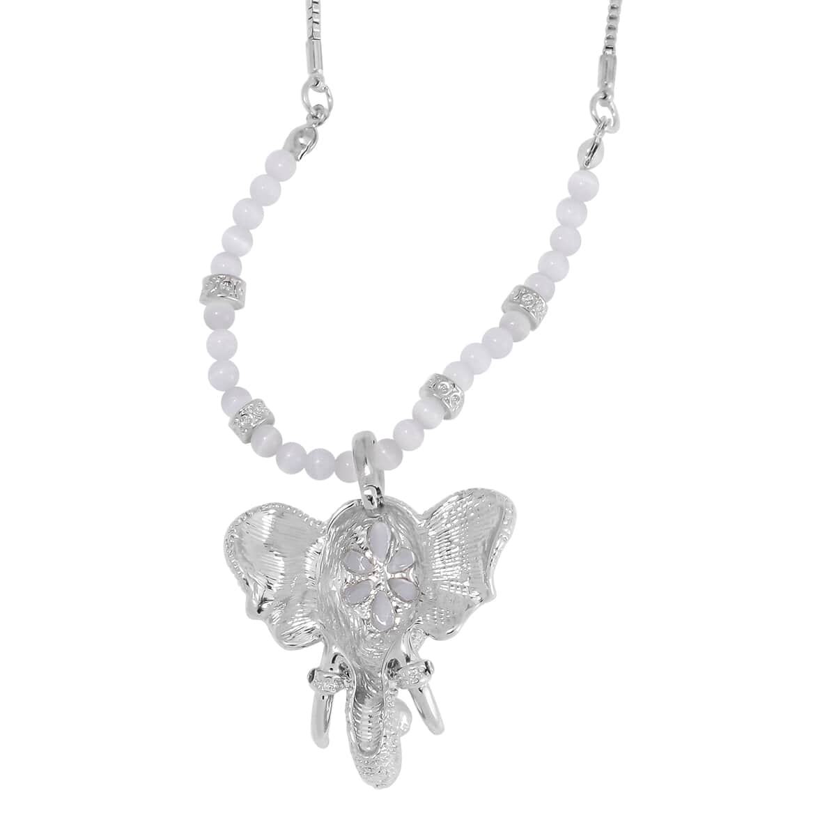 Lab Created White Cat's Eye and Austrian Crystal Elephant Pendant with Necklace in Silvertone 28-30 Inches image number 3