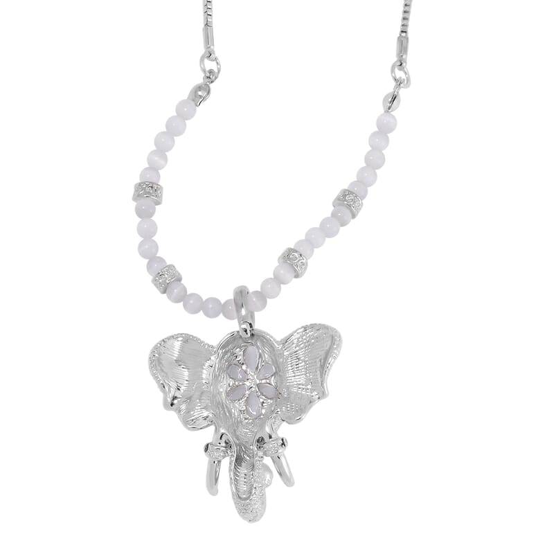 Lab Created White Cat's Eye and Austrian Crystal Elephant Pendant with Necklace in Silvertone 28-30 Inches