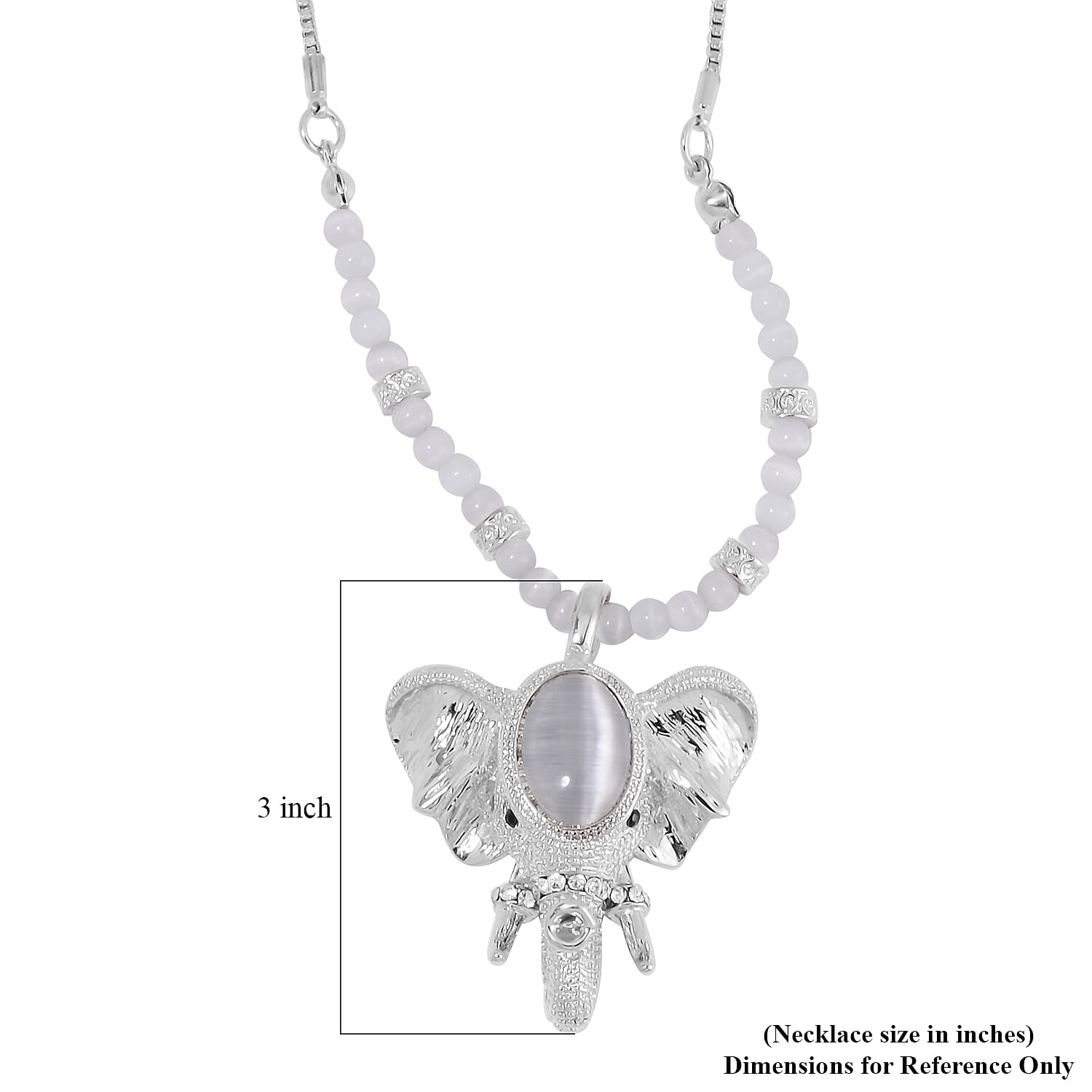 Lab Created White Cat's Eye and Austrian Crystal Elephant Pendant with Necklace in Silvertone 28-30 Inches