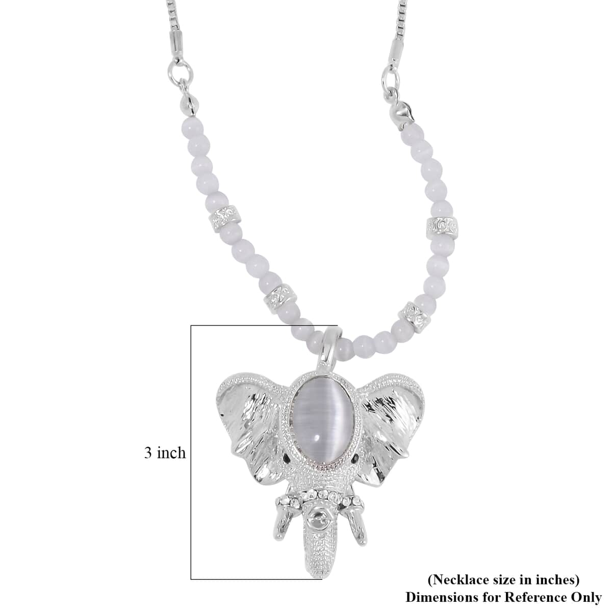 Lab Created White Cat's Eye and Austrian Crystal Elephant Pendant with Necklace in Silvertone 28-30 Inches image number 5