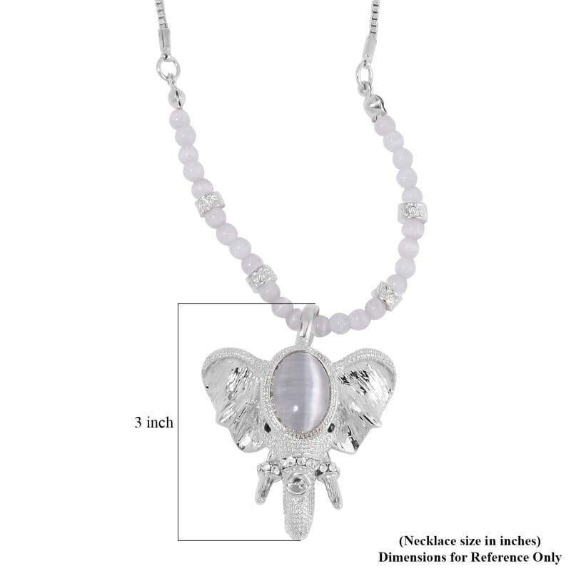 Lab Created White Cat's Eye and Austrian Crystal Elephant Pendant with Necklace in Silvertone 28-30 Inches