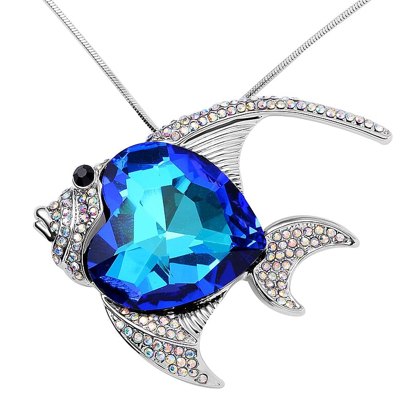 Blue Glass, Black and Mystic White Austrian Crystal Fish Necklace in Silvertone 28-30 Inches