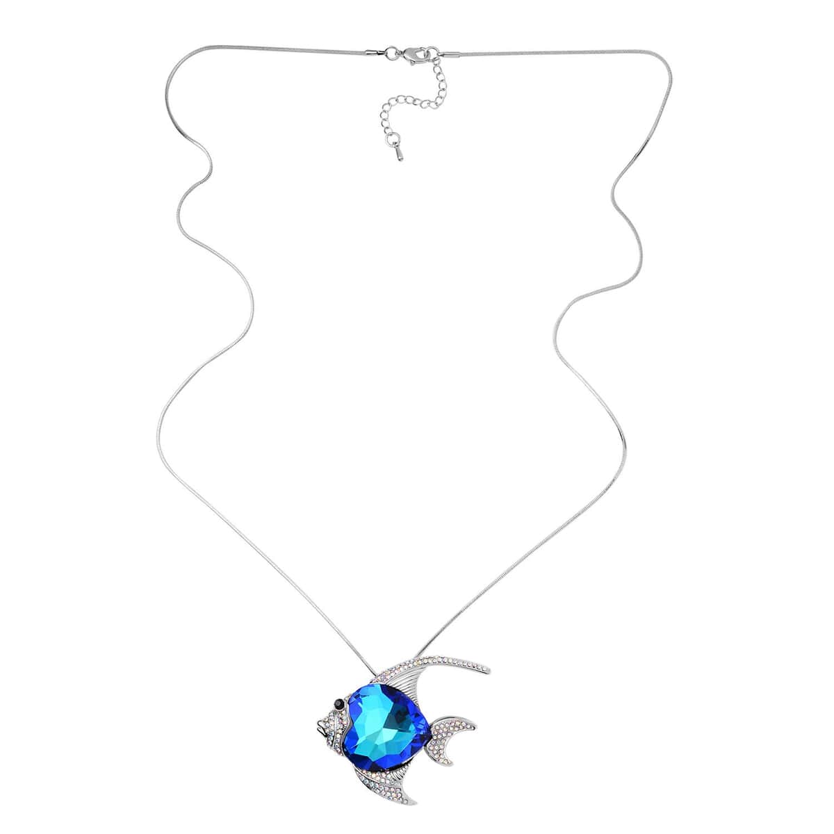 Blue Glass, Black and Mystic White Austrian Crystal Fish Necklace in Silvertone 28-30 Inches image number 2