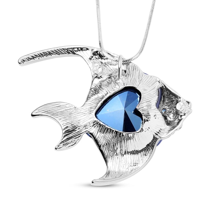 Blue Glass, Black and Mystic White Austrian Crystal Fish Necklace in Silvertone 28-30 Inches