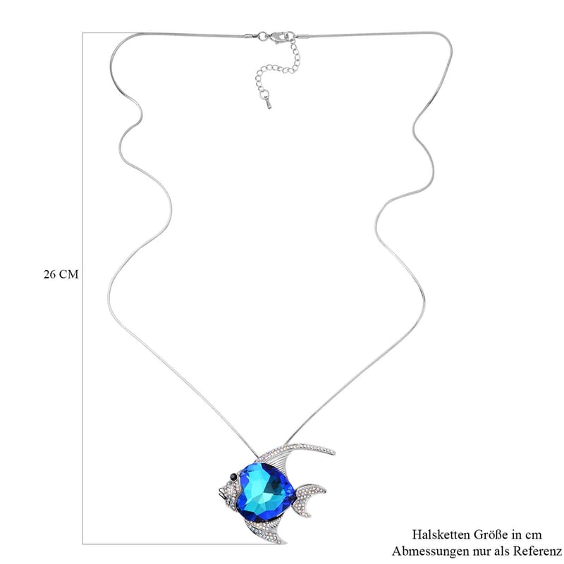 Blue Glass, Black and Mystic White Austrian Crystal Fish Necklace in Silvertone 28-30 Inches