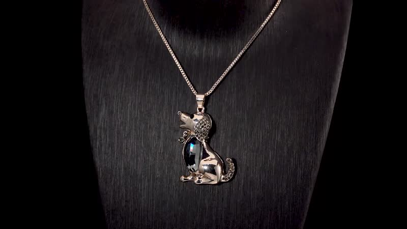 Silver Grey Color Glass, Black and Grey Austrian Crystal Dog Pendant Necklace (28-30 Inches) in Goldtone