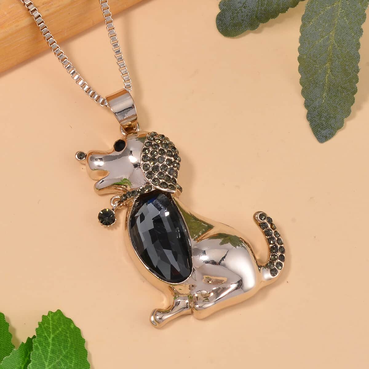 Silver Grey Color Glass, Black and Grey Austrian Crystal Dog Pendant Necklace in Goldtone 28-30 Inches image number 1