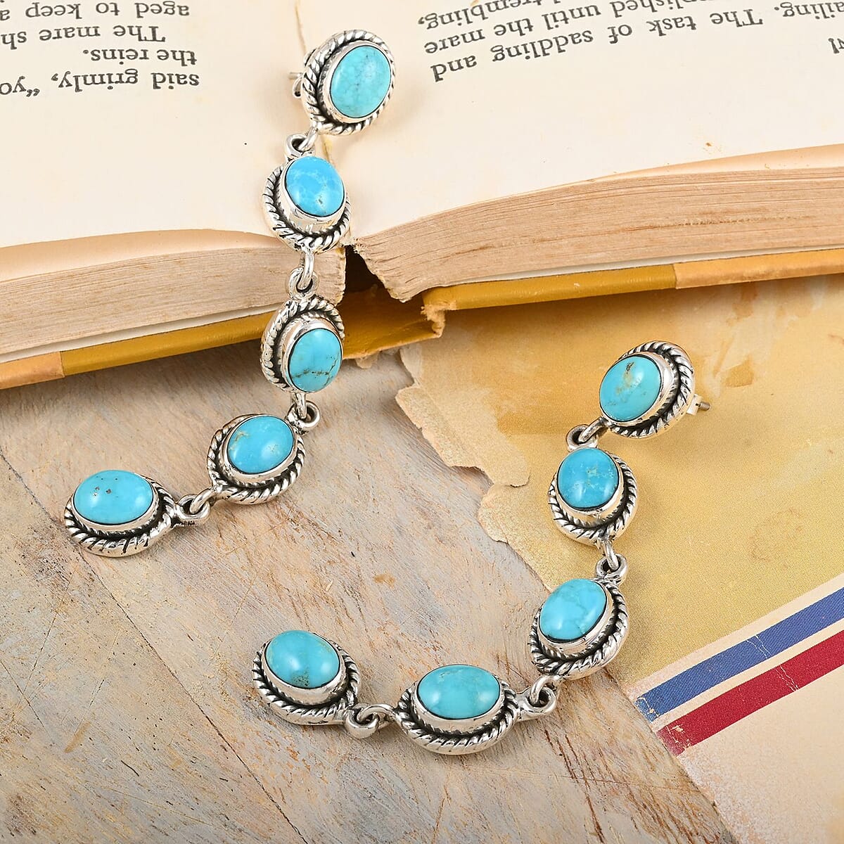 Santa Fe Style Kingman Turquoise Earrings in Sterling Silver 17.50 ctw image number 1