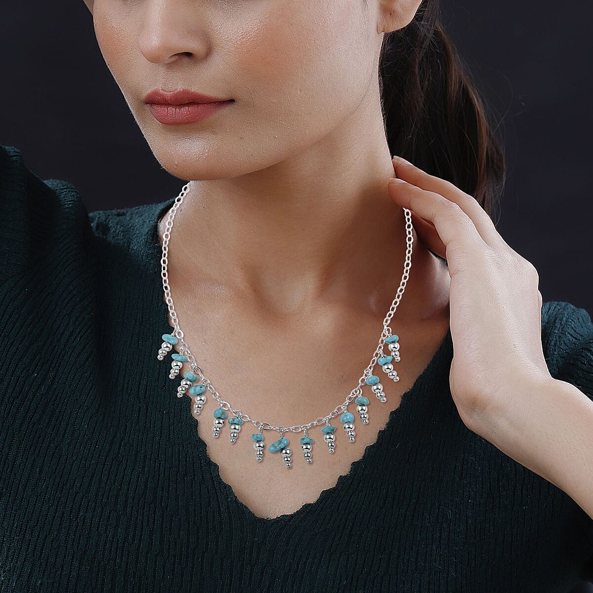 Santa Fe Style Kingman Turquoise Necklace (18 Inches) in Sterling Silver 5.25 ctw image number 2