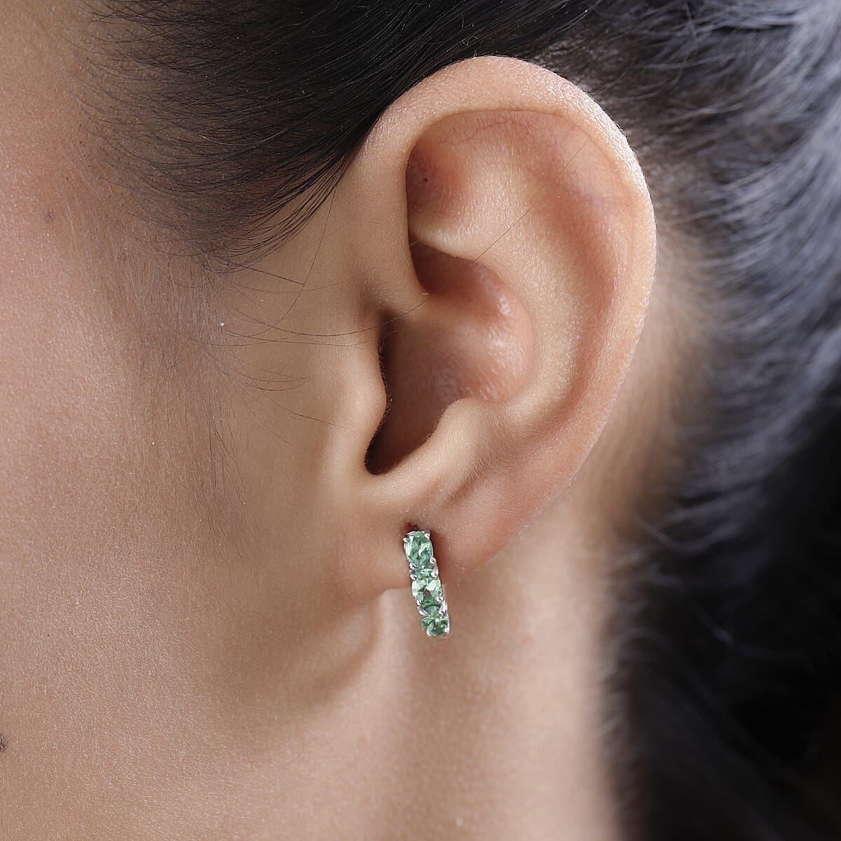 Premium Tsavorite Garnet Huggie Hoop Earrings in Platinum Over Sterling Silver 1.10 ctw image number 2