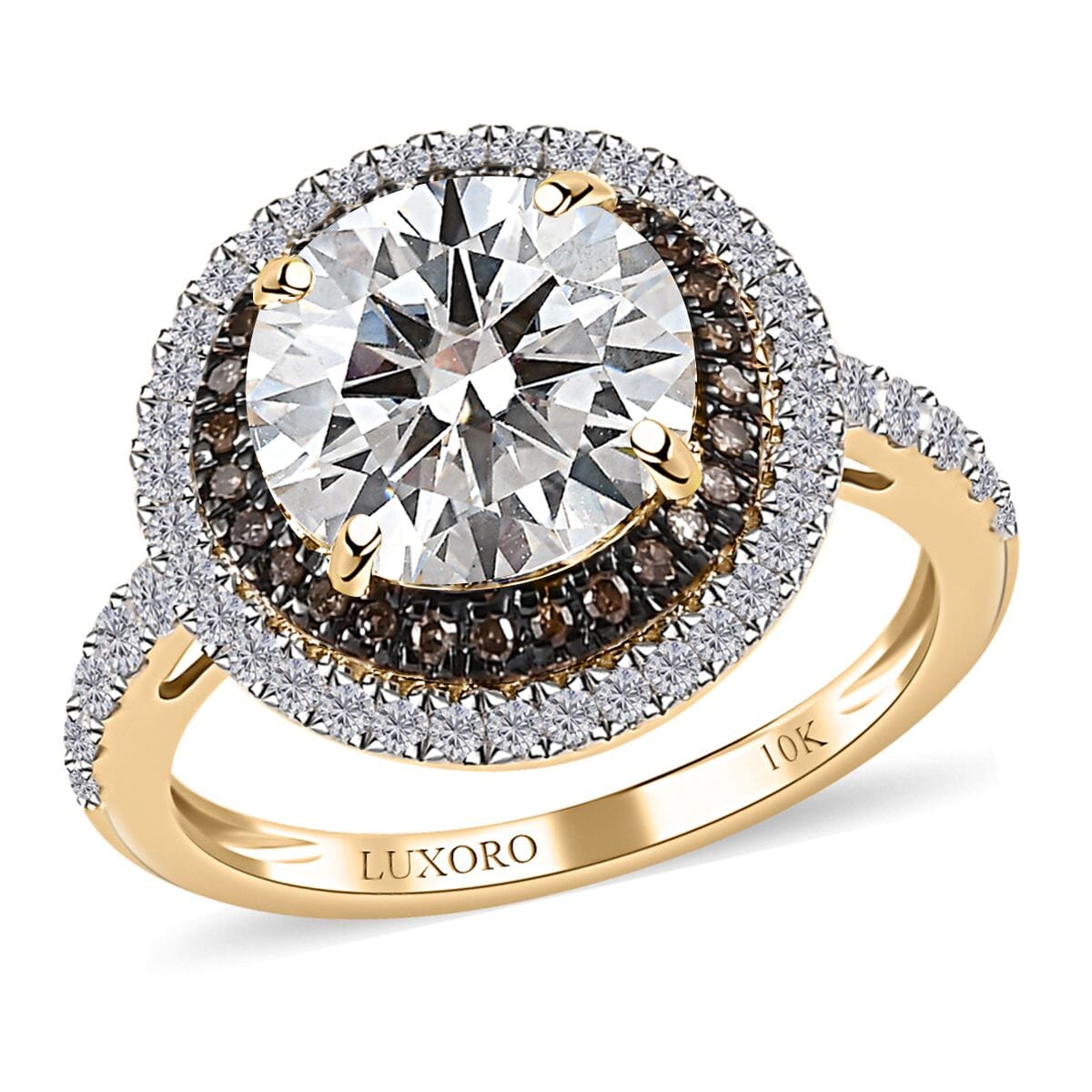Luxoro 10K Yellow Gold Moissanite and I3 Natural Yellow Diamond Double Halo Ring (Size 5.0) 4.00 ctw image number 0