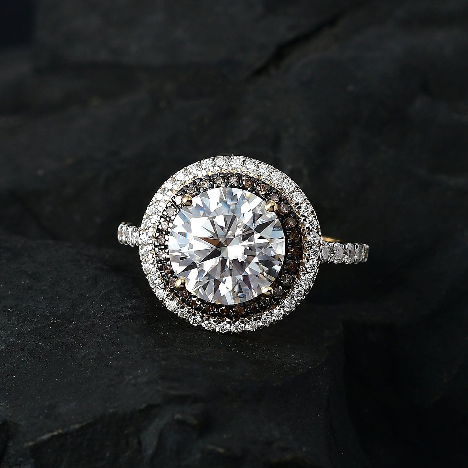 Luxoro 10K Yellow Gold Moissanite and I3 Natural Champagne Diamond Double Halo Ring (Size 10.0) 4.00 ctw