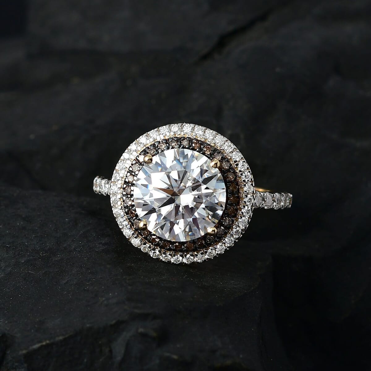 Luxoro 10K Yellow Gold Moissanite and I3 Natural Yellow Diamond Double Halo Ring (Size 5.0) 4.00 ctw image number 1