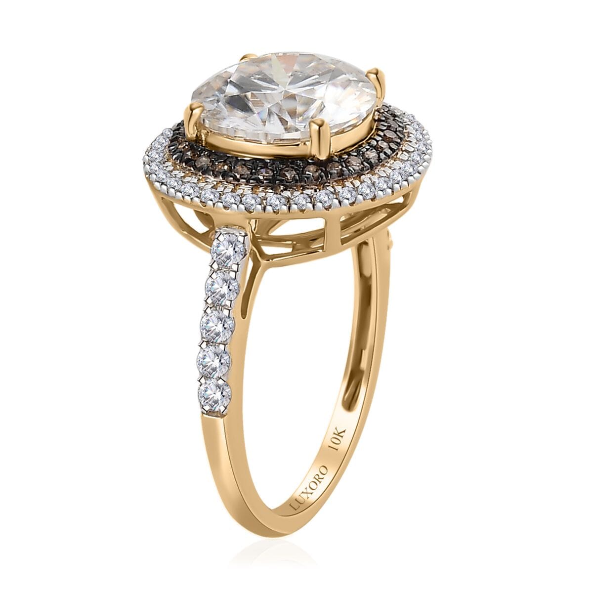 Luxoro 10K Yellow Gold Moissanite and I3 Natural Yellow Diamond Double Halo Ring (Size 5.0) 4.00 ctw image number 3