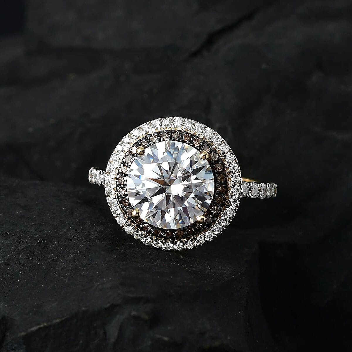 Luxoro 10K Yellow Gold Moissanite and I3 Natural Champagne Diamond Double Halo Ring (Size 6.0) 4.00 ctw image number 1