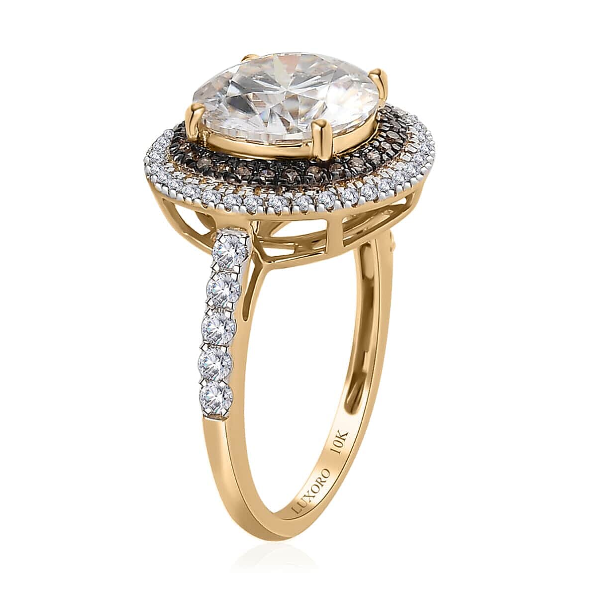 Luxoro 10K Yellow Gold Moissanite and I3 Natural Champagne Diamond Double Halo Ring (Size 6.0) 4.00 ctw image number 3