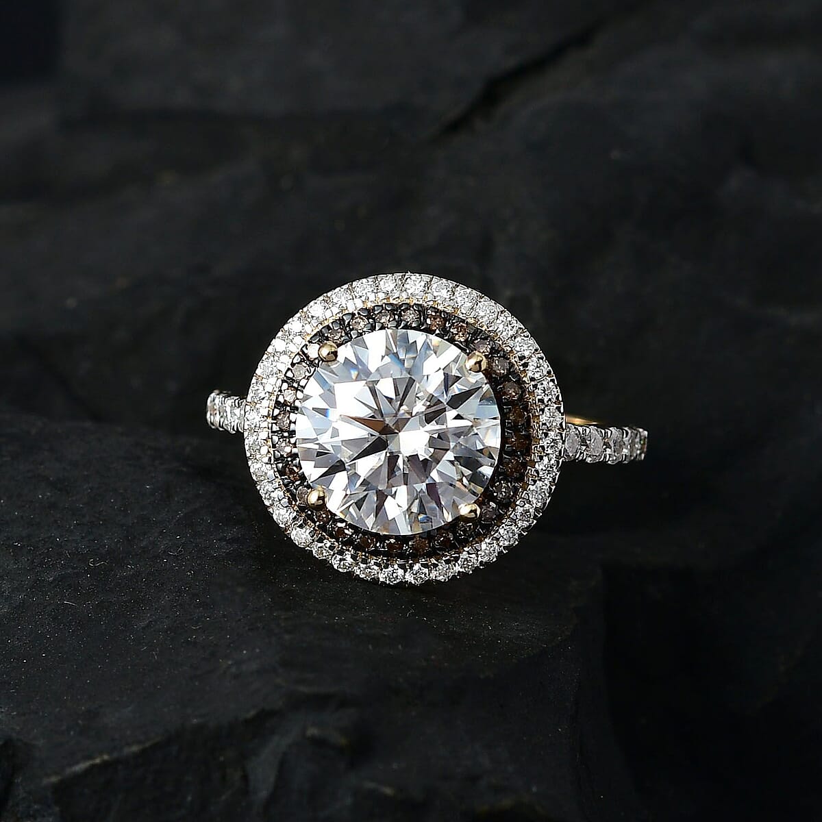 Luxoro 10K Yellow Gold Moissanite and I3 Natural Champagne Diamond Double Halo Ring (Size 9.0) 4.00 ctw image number 1